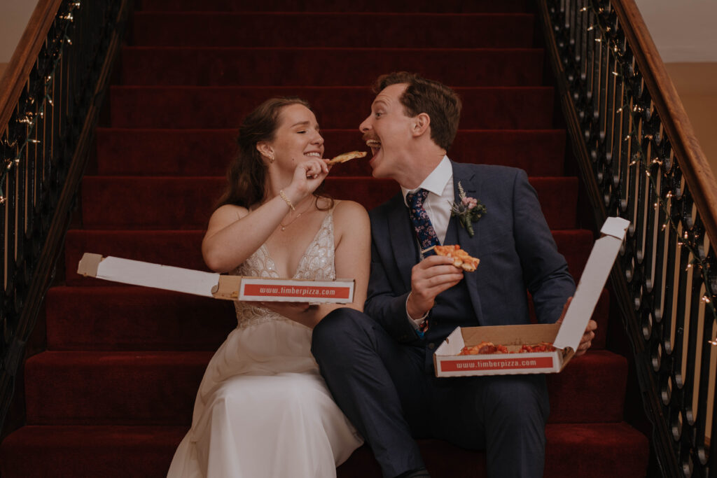 Bride & Groom eating Timber Pizza