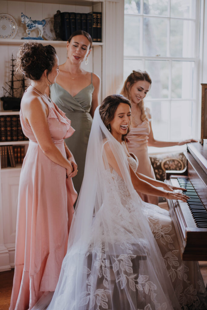 Bride singing at piano