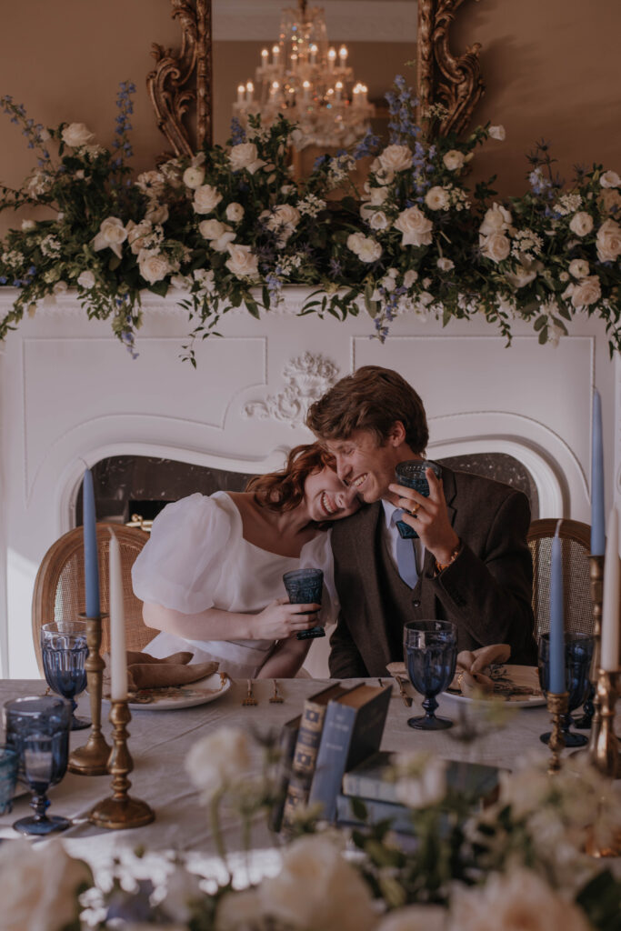 bride and groom laughing at wedding reception at Heigh Torr Estate wedding